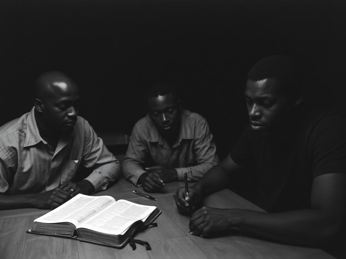 Three men studying scripture together around a table